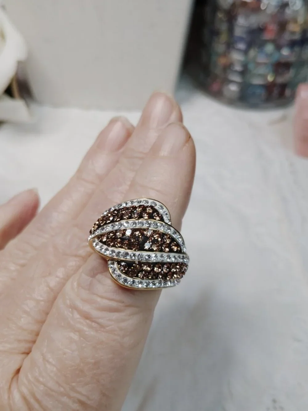 Vintage 8K Gold Electroplated Chocolate Rhinestone Ring • Size 6.5 • NIB